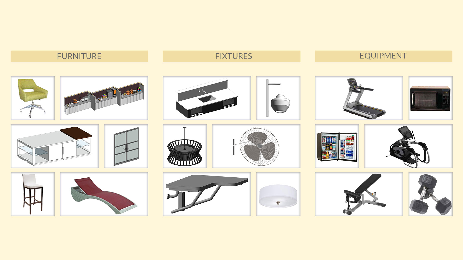 Revit Families for Furniture, Fixtures & Equipment for various hotel brands by United-BIM.