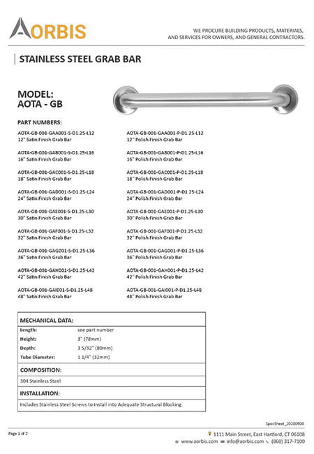 AORBIS Product Spec Sheet for Grab bar by United-BIM